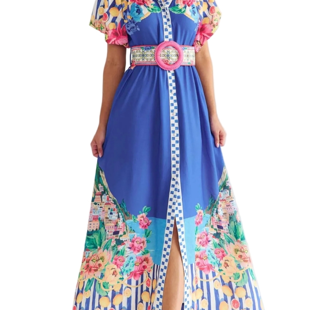 Garden Floral Button-Up Mock Neck Puff Sleeve Wide Belt Slit Front Maxi Dress - Picture 11 of 16